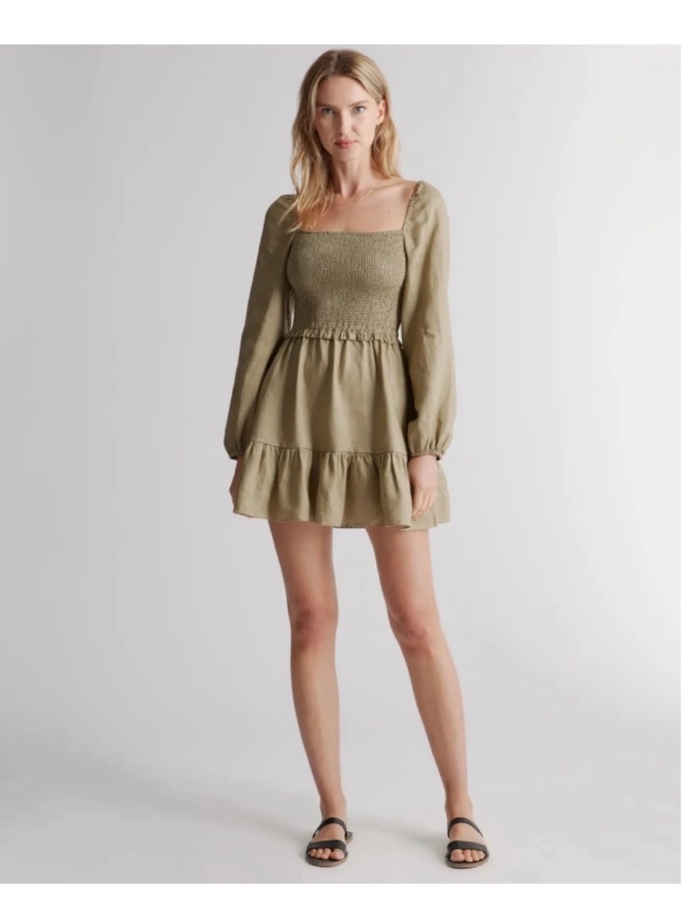Quince Olive Green 100% European Linen Smocked Mini Dress Tiered Vacay Women’s M
